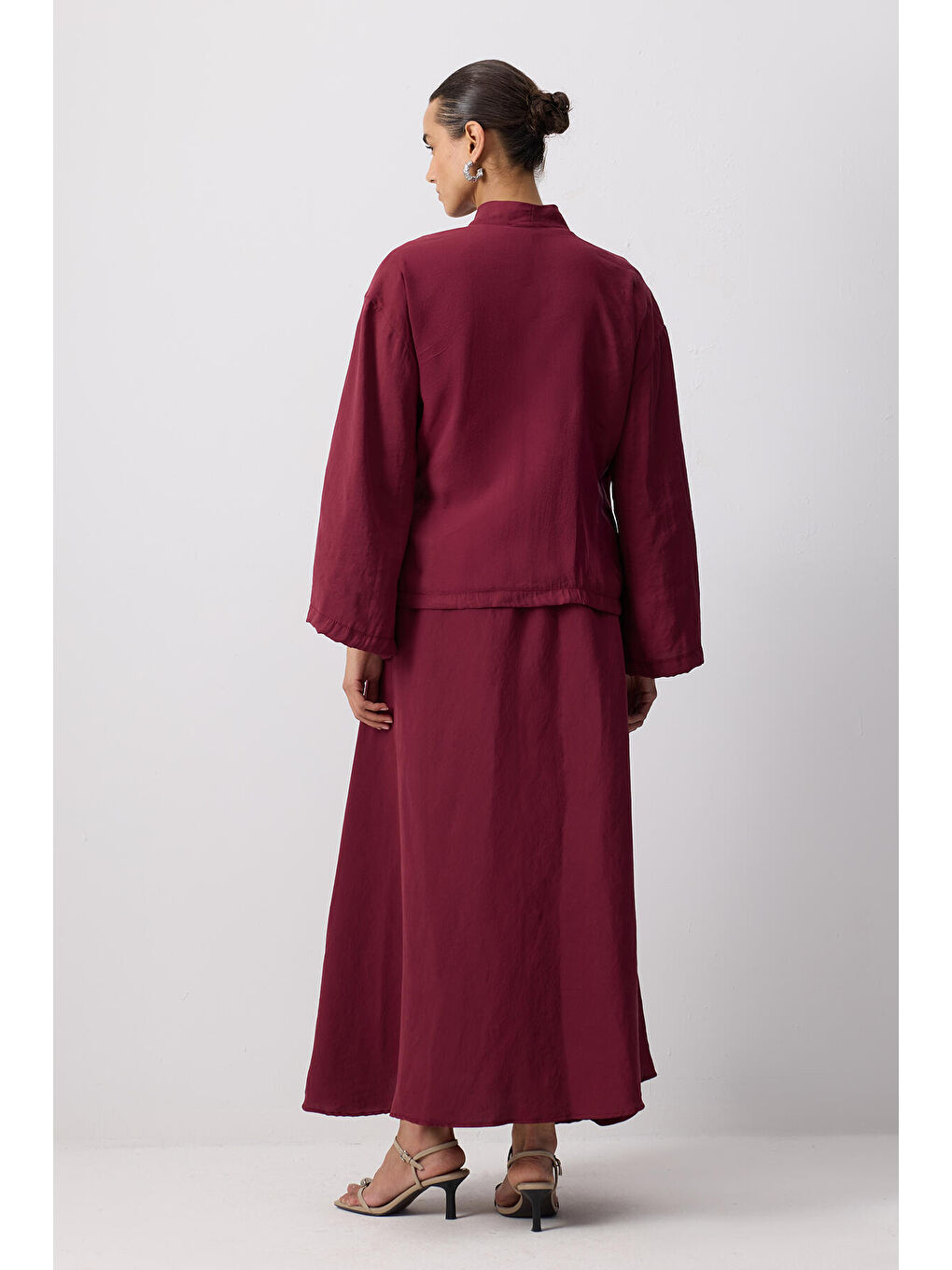 Bordo Çiçek Detaylı Modal Ceket Etek Takım-4