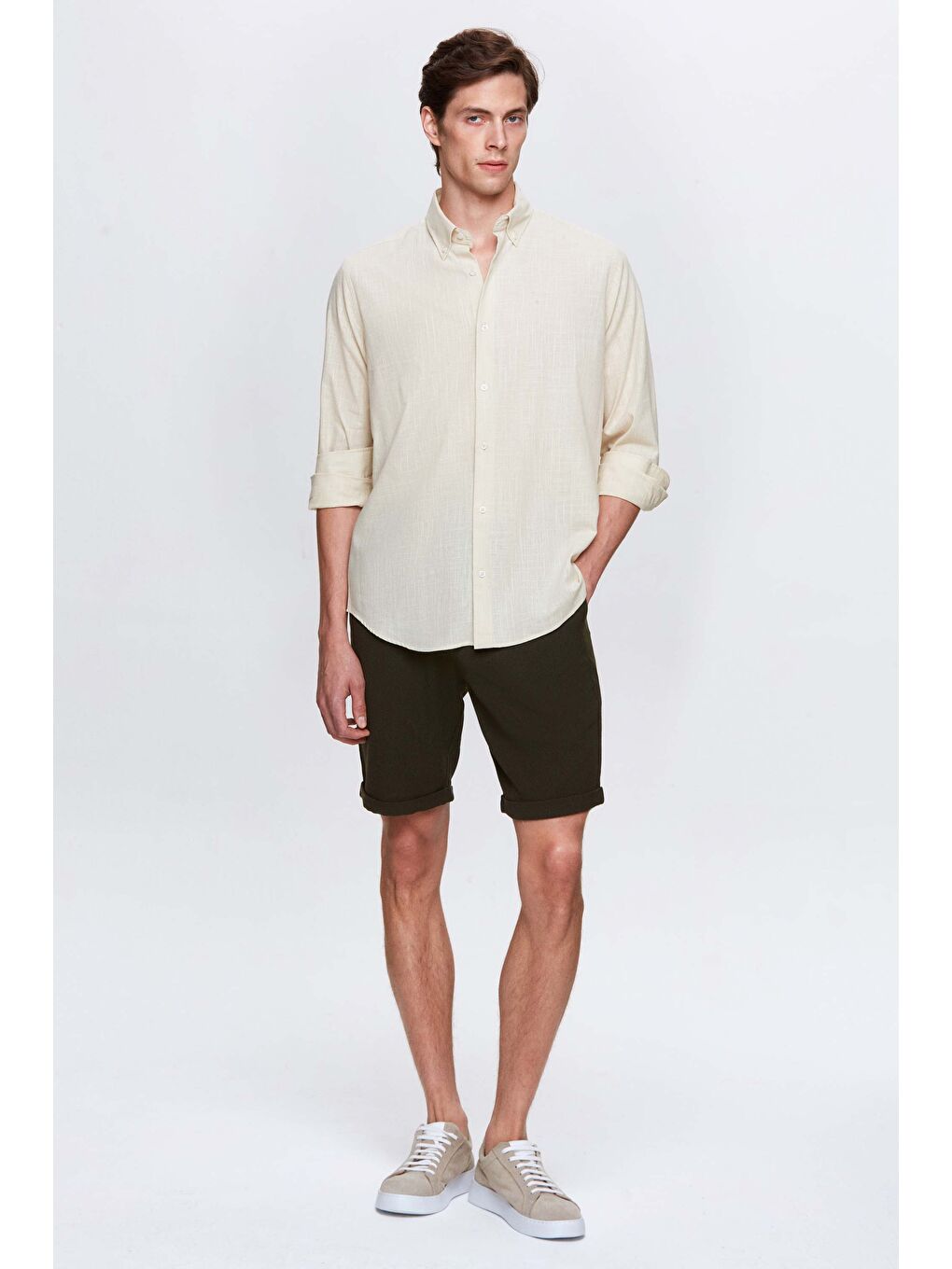 Comfort Bej Düğmeli Yaka Rahat Kesim Keten Görünümlü %100 Pamuk Gömlek-5