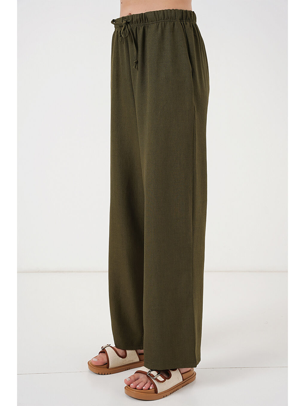 Kadın Geniş Paça Keten Pantolon 6735 - Haki-1