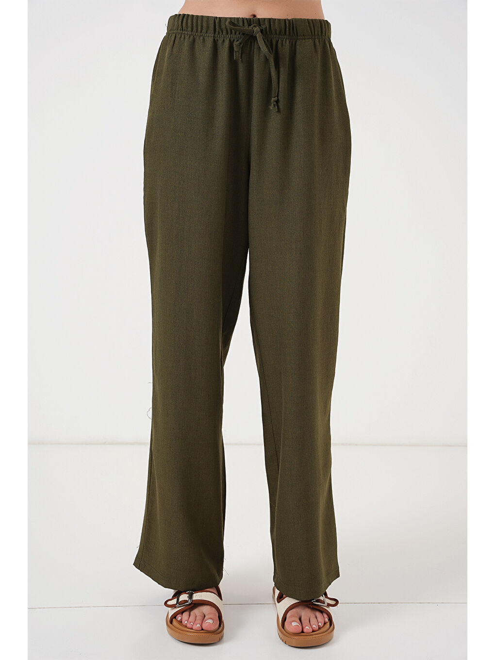 Kadın Geniş Paça Keten Pantolon 6735 - Haki-3