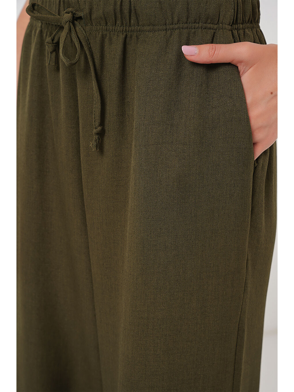 Kadın Geniş Paça Keten Pantolon 6735 - Haki-4