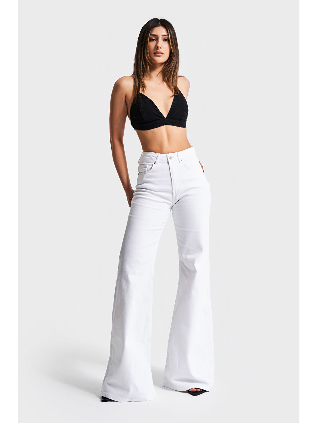 Kadın Beyaz Renk 5s5-2 Flare Fit Bol Paça %100 Pamuk İç Göstermez Denim Jean-1