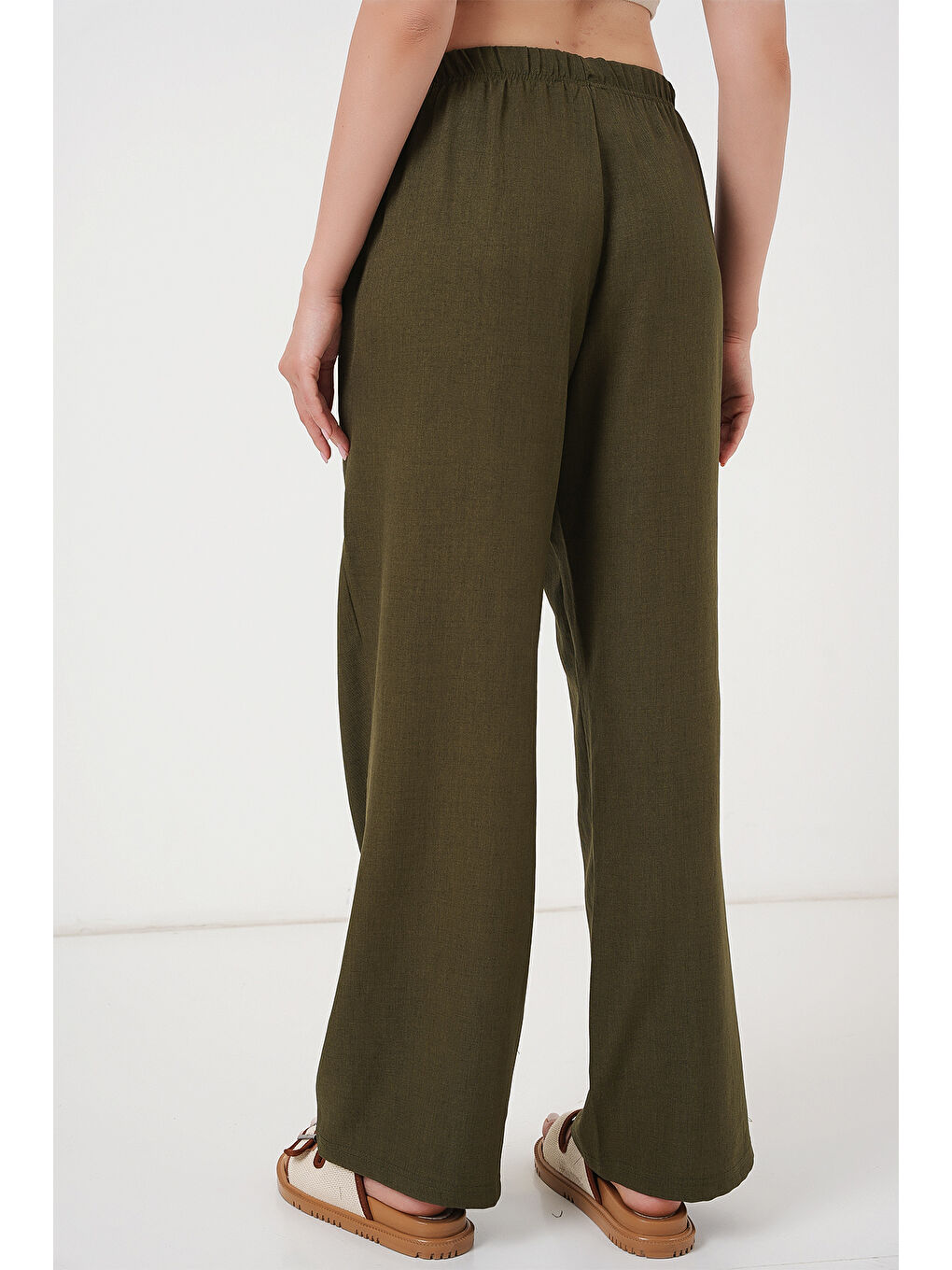 Kadın Geniş Paça Keten Pantolon 6735 - Haki-5