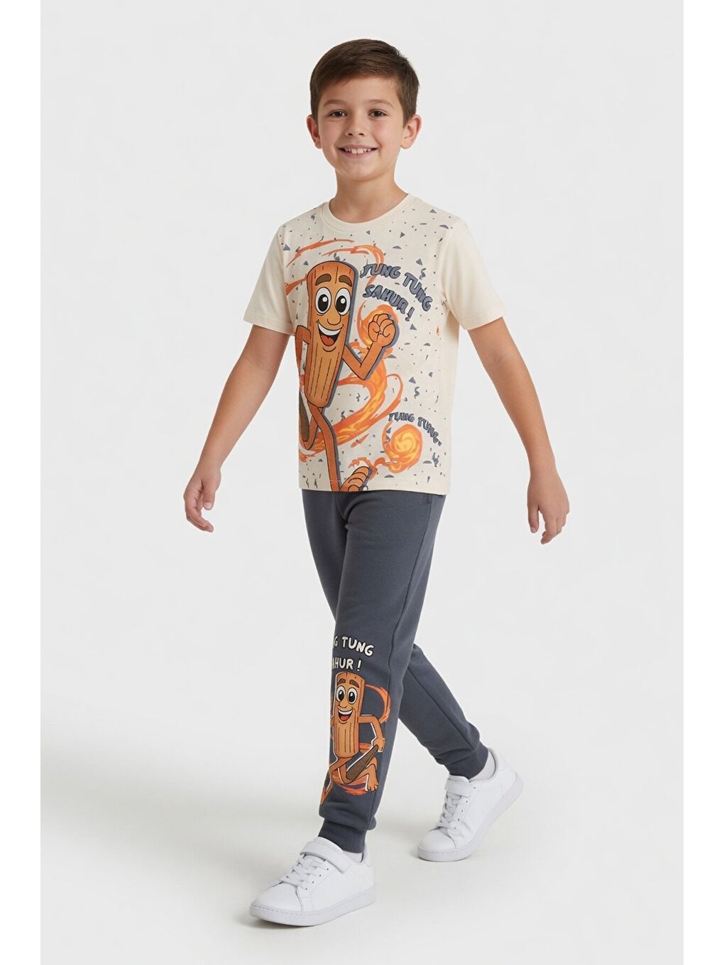 Gri Füme Baskılı Bisiklet Yaka Tişörtlü Beli Lastikli Erkek Çocuk 2li Takım 23888-1