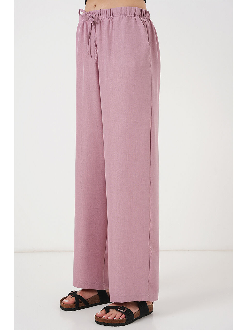 Pembe Kadın Geniş Paça Keten Pantolon 6735 - Gül Kurusu-1