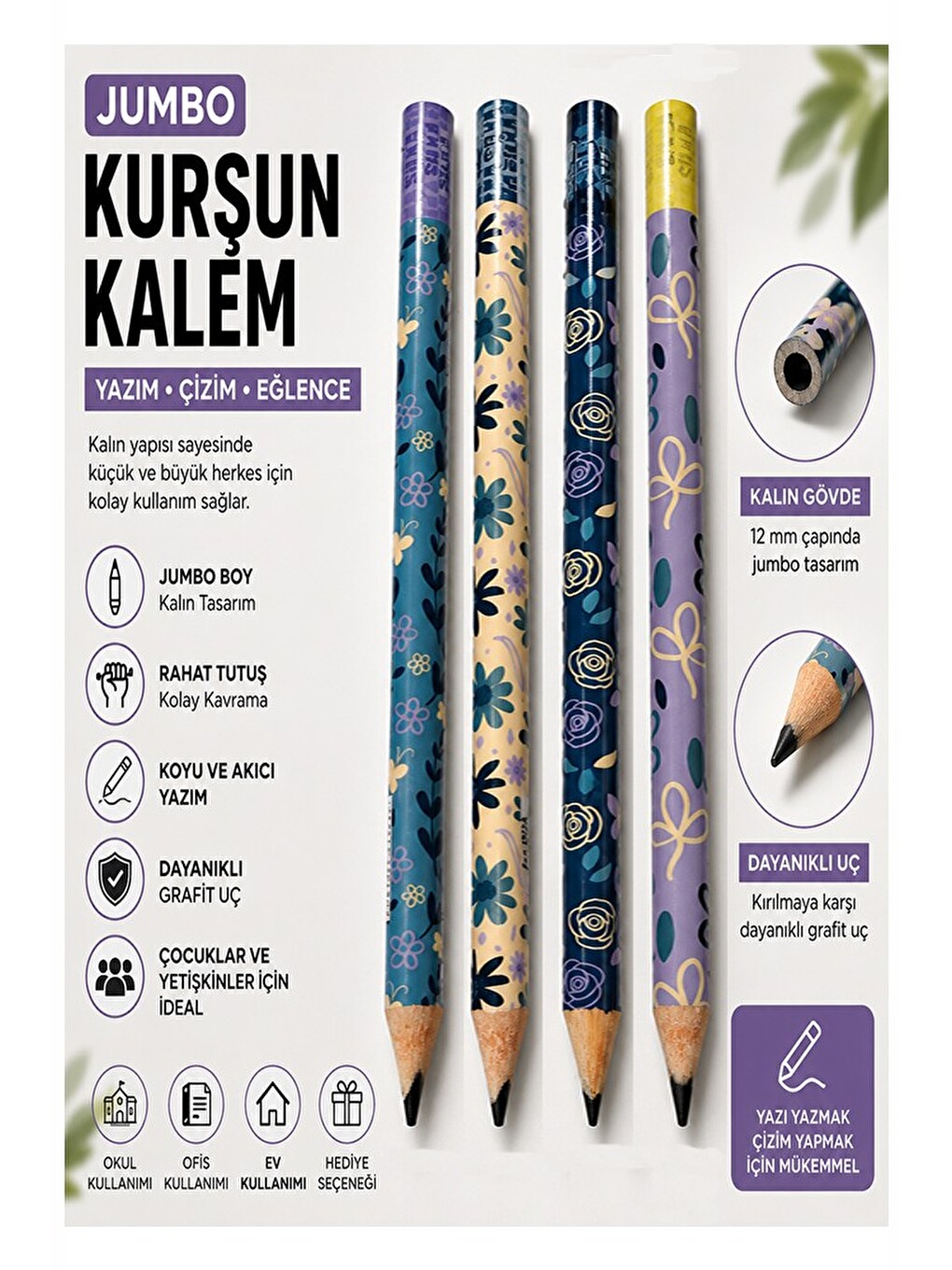 Jumbo Kurşun Kalem 4 Adet Silka 1523 Çiçekli Jumbo Kalın Kalem Hb Kolay Tutuş Dereceli Kalem Kurşun