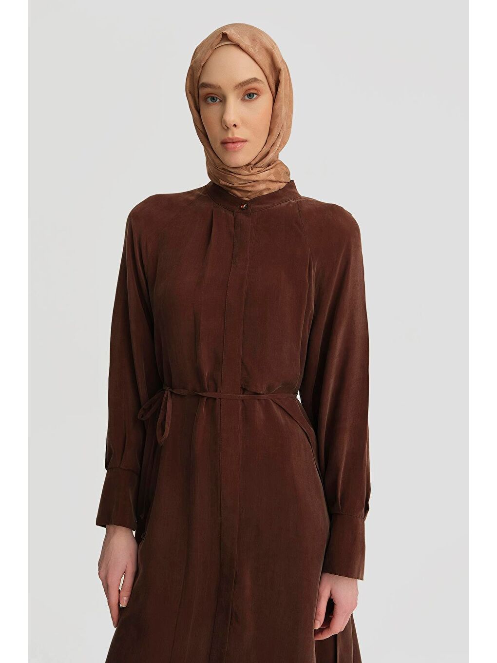 Asimetrik Allerli Cupra Tunik Elbise 25Y4706 Kahverengi-1