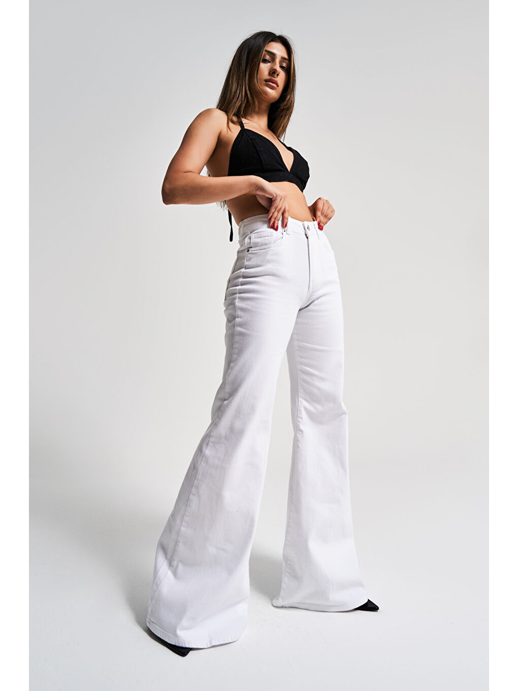 Kadın Beyaz Renk 5s5-2 Flare Fit Bol Paça %100 Pamuk İç Göstermez Denim Jean-4