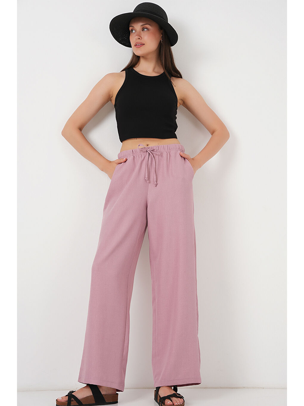 Pembe Kadın Geniş Paça Keten Pantolon 6735 - Gül Kurusu-2