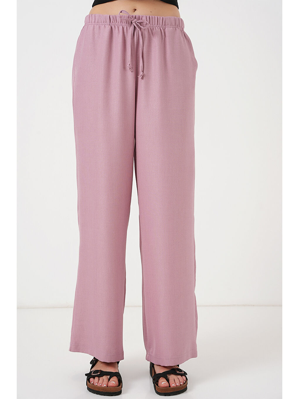 Pembe Kadın Geniş Paça Keten Pantolon 6735 - Gül Kurusu-3