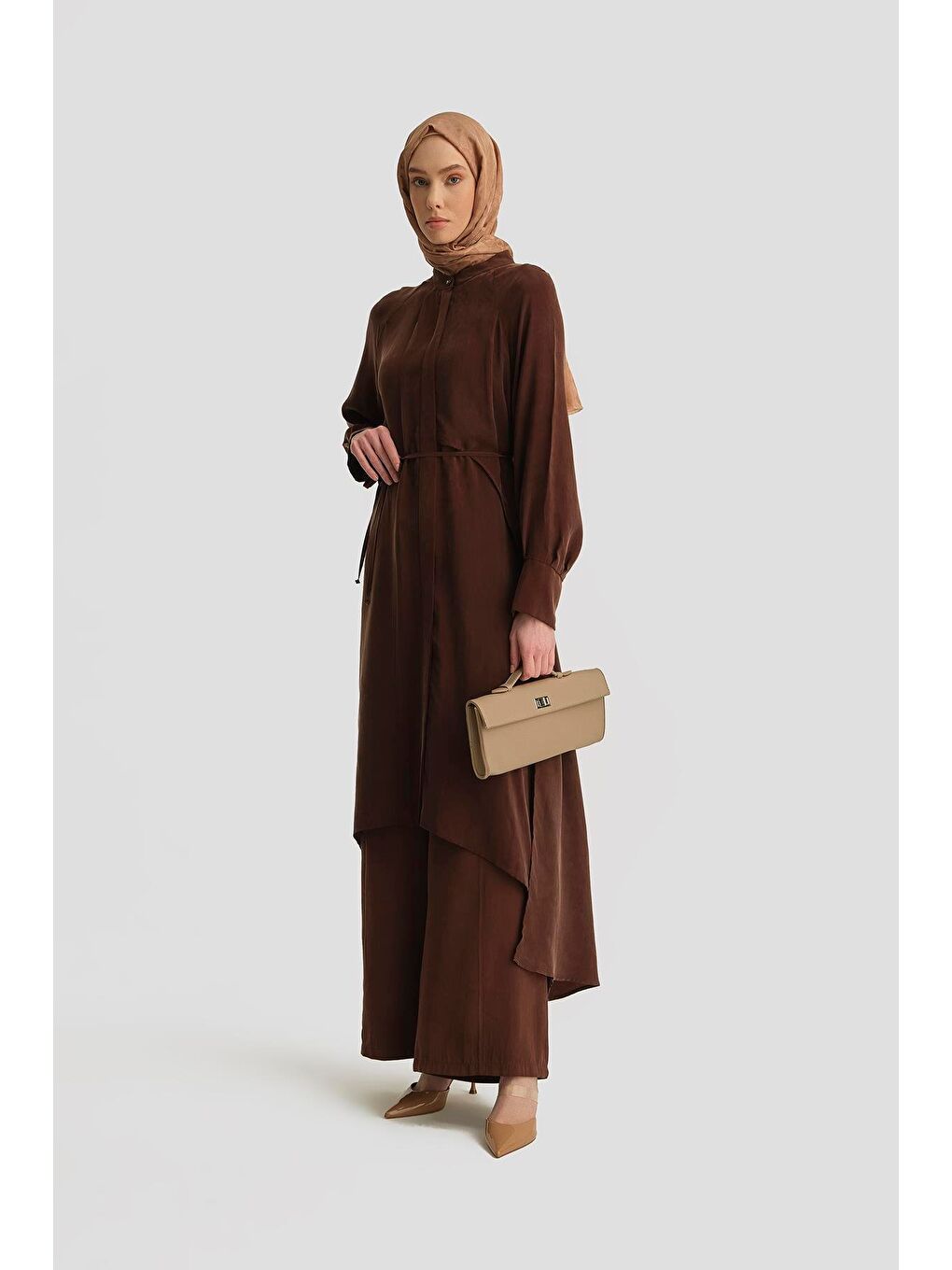 Asimetrik Allerli Cupra Tunik Elbise 25Y4706 Kahverengi-2