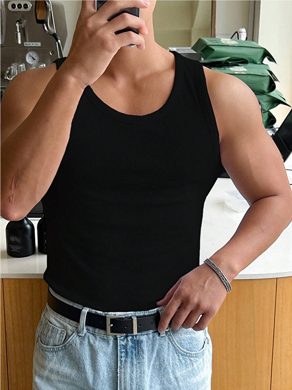 Siyah Erkek Fitilli Kolsuz Tişört %100 Pamuk Atlet-1