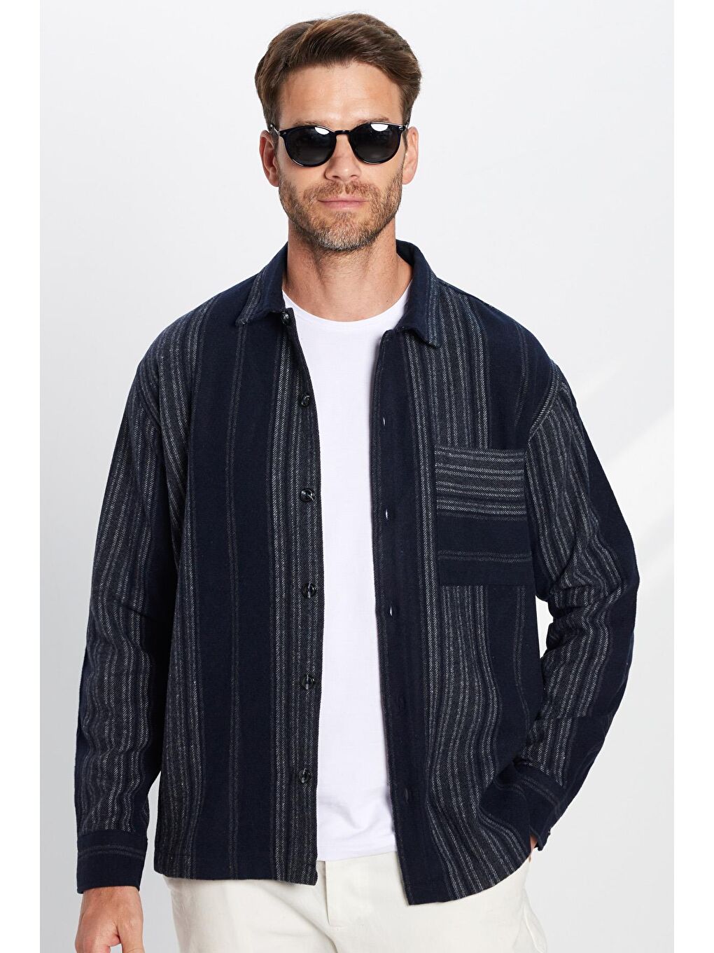 Karışık Erkek Relax Fit Rahat Kesim Oduncu Çizgili Tek Cepli Kışlık Gömlek
