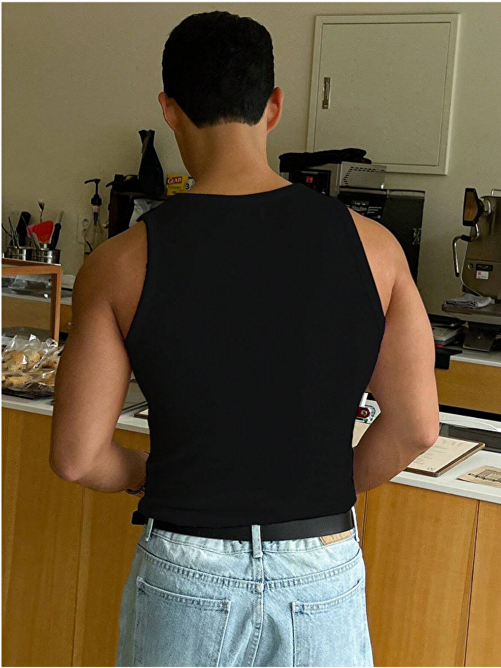 Siyah Erkek Fitilli Kolsuz Tişört %100 Pamuk Atlet-2