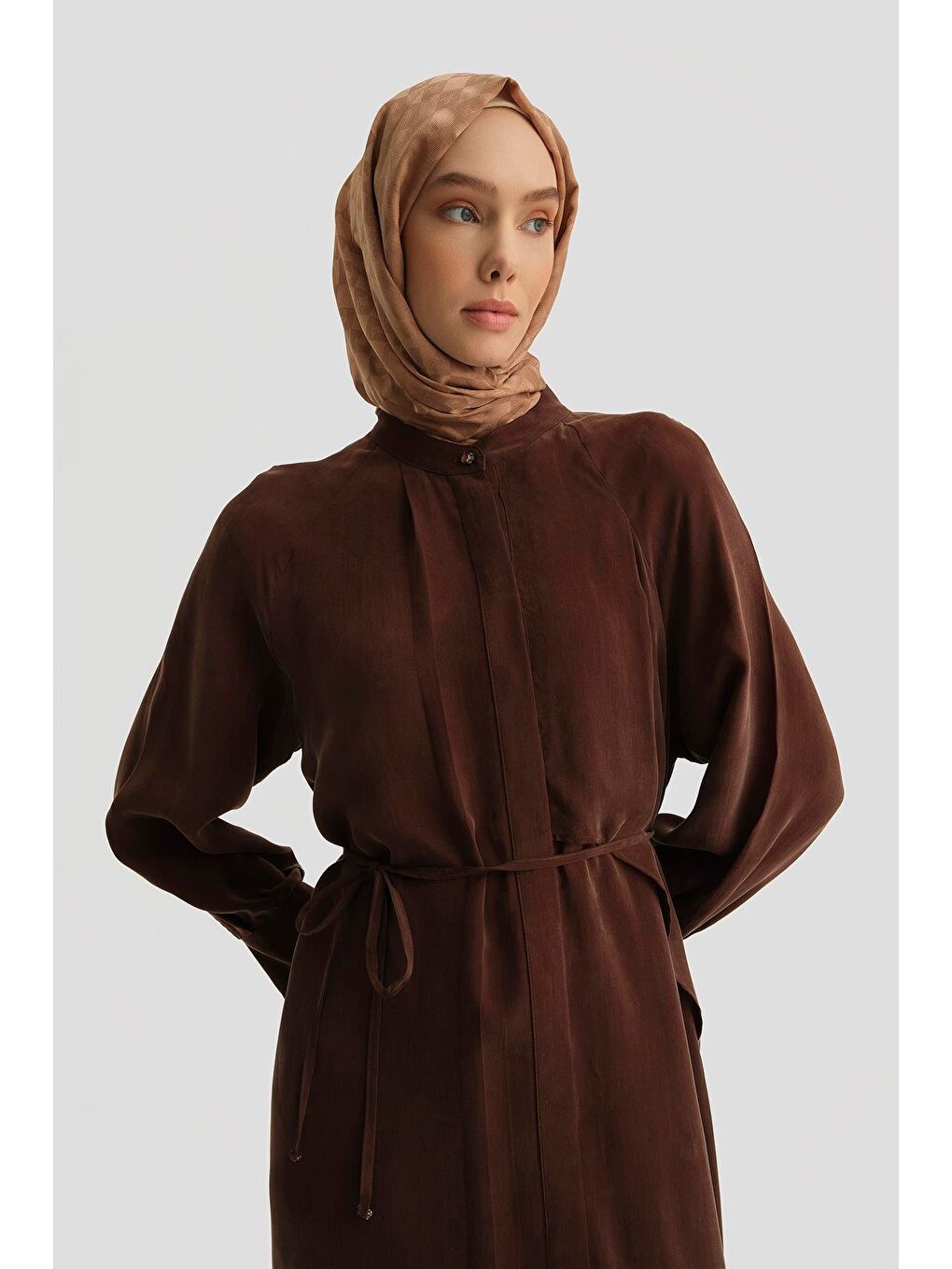 Asimetrik Allerli Cupra Tunik Elbise 25Y4706 Kahverengi-3