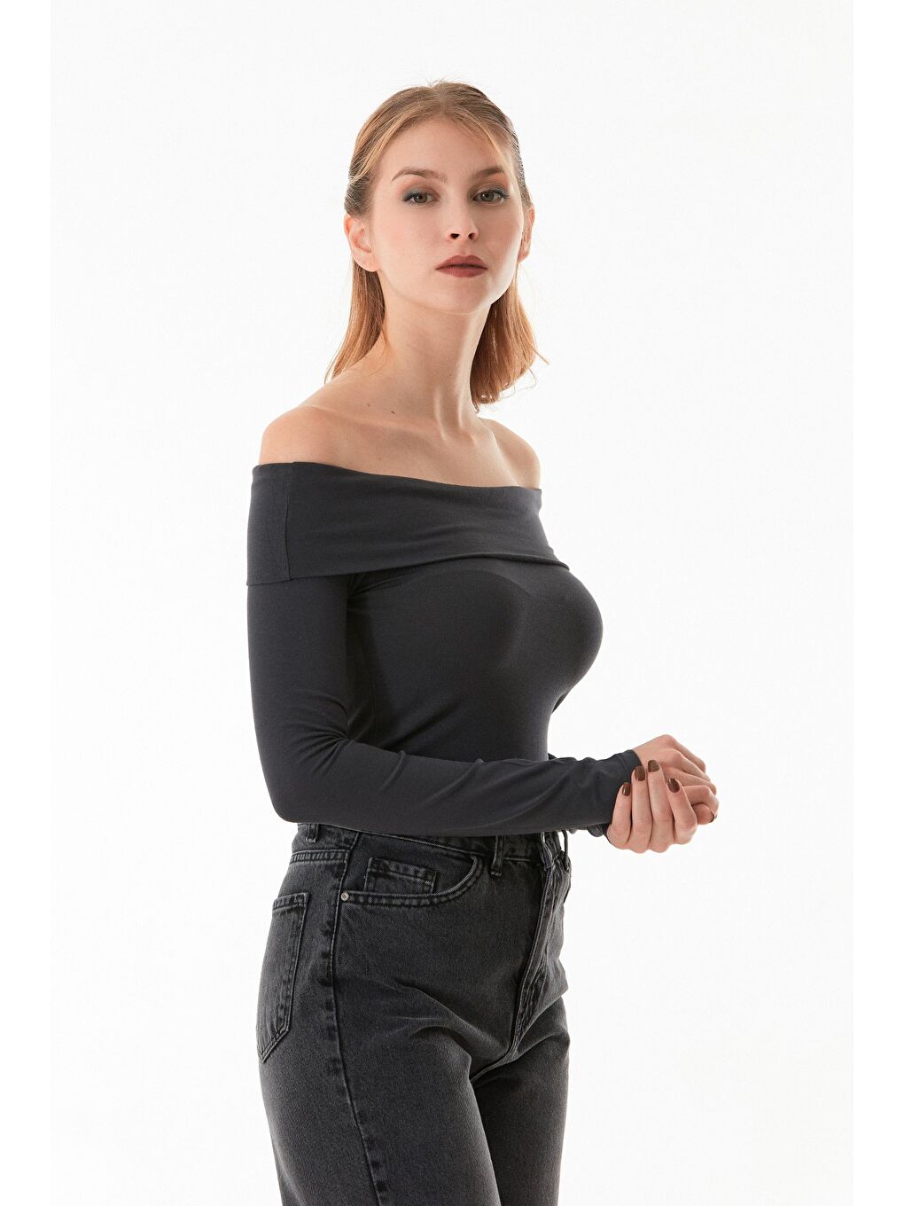 Antrasit Basic Madonna Yaka Bluz-1