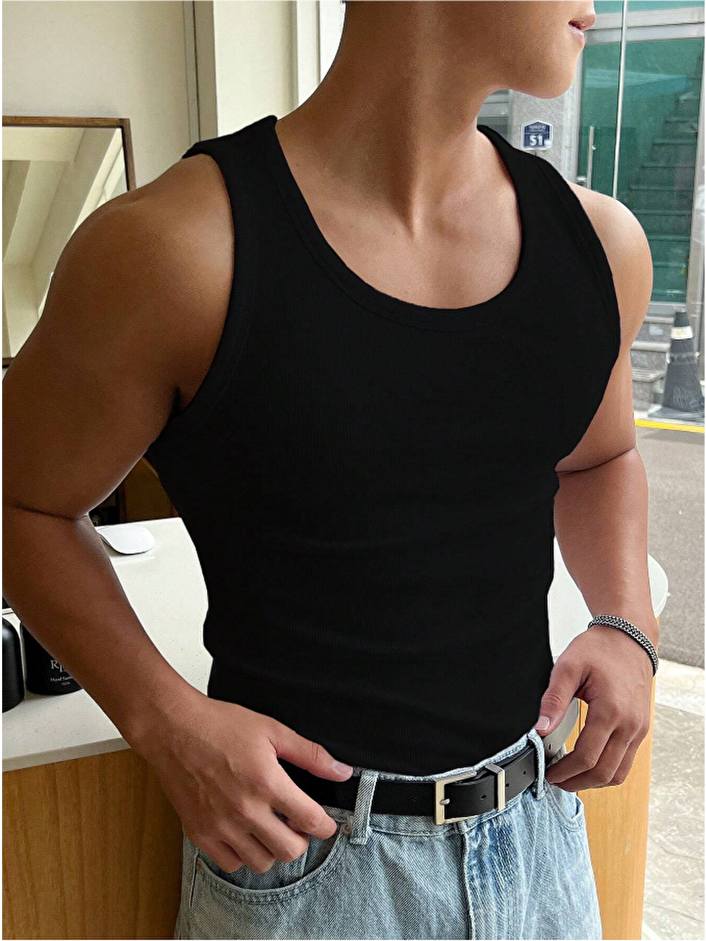 Siyah Erkek Fitilli Kolsuz Tişört %100 Pamuk Atlet-3