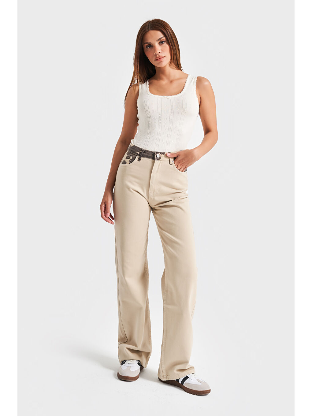 Kadın Bej Renk 6s5-57 Straight Fit Yüksek Bel İç Boy 80cm Leopar Desenli Denim Jean-1