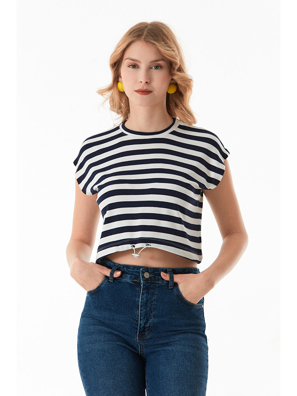 Lacivert Çizgili Stoperli Modal Kolsuz Tişört-1