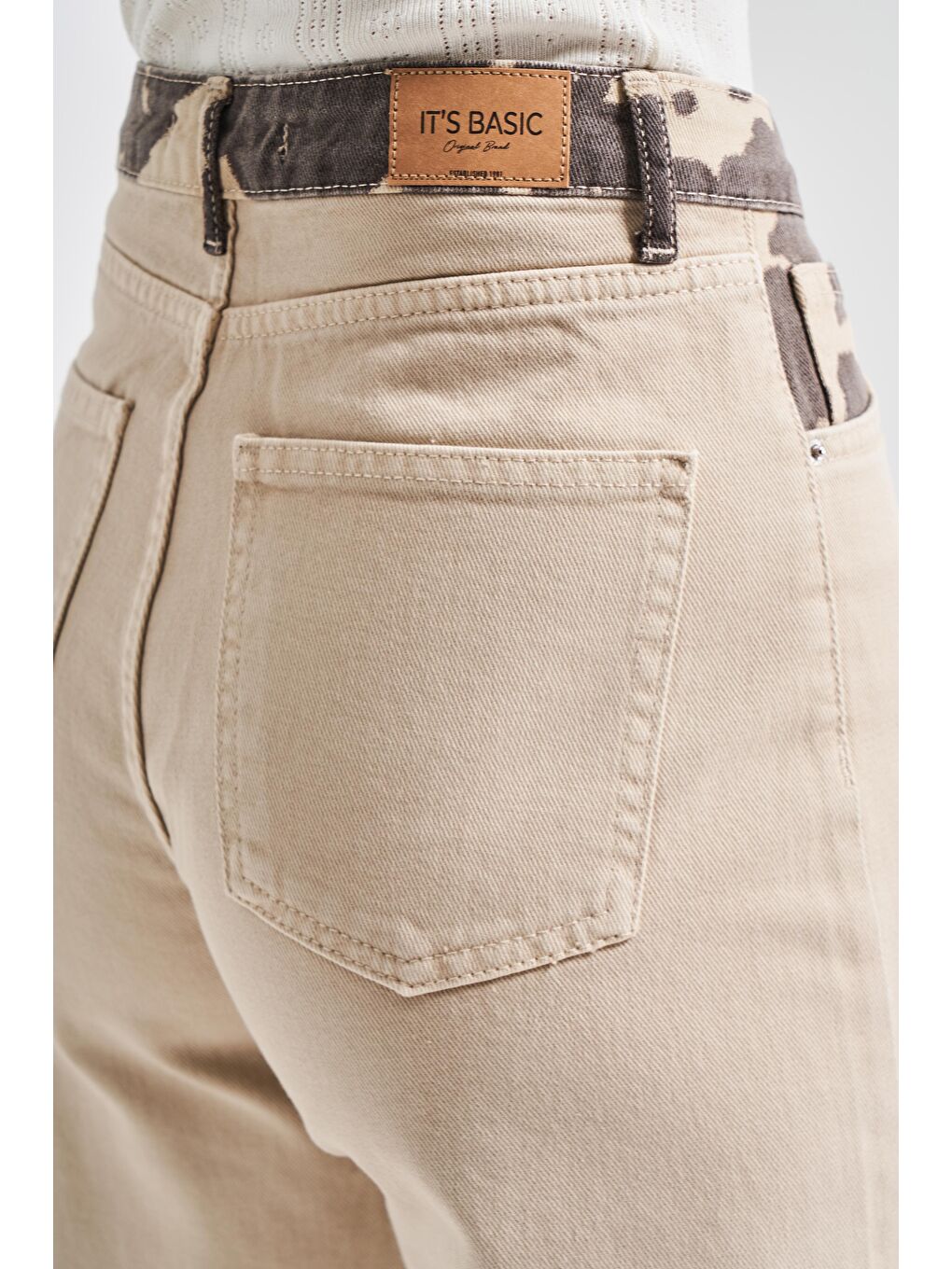 Kadın Bej Renk 6s5-57 Straight Fit Yüksek Bel İç Boy 80cm Leopar Desenli Denim Jean-2