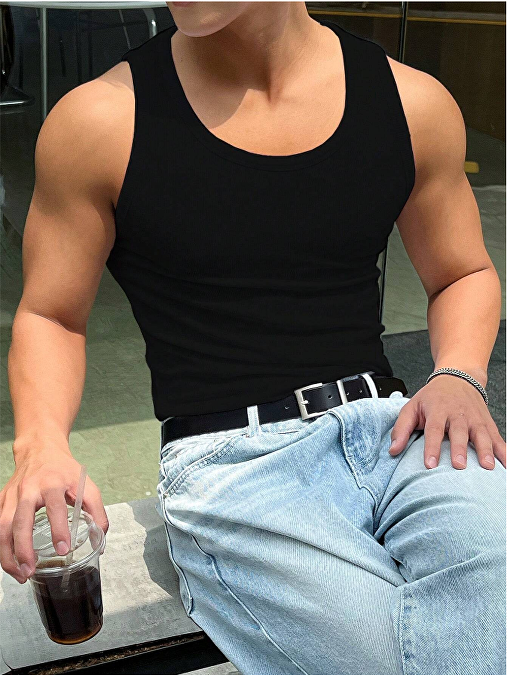 Siyah Erkek Fitilli Kolsuz Tişört %100 Pamuk Atlet-4