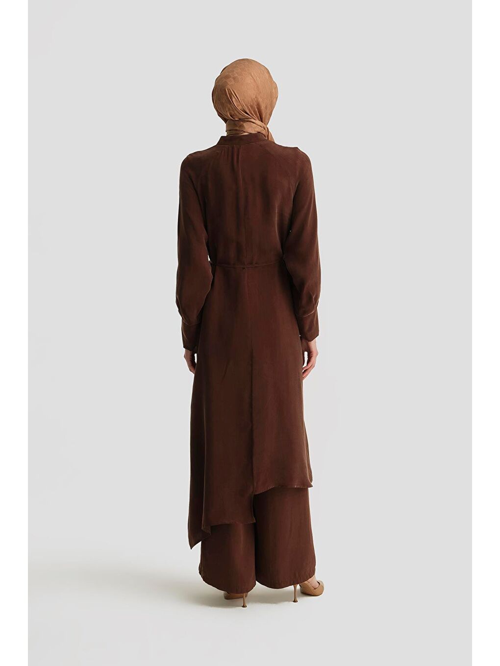 Asimetrik Allerli Cupra Tunik Elbise 25Y4706 Kahverengi-4