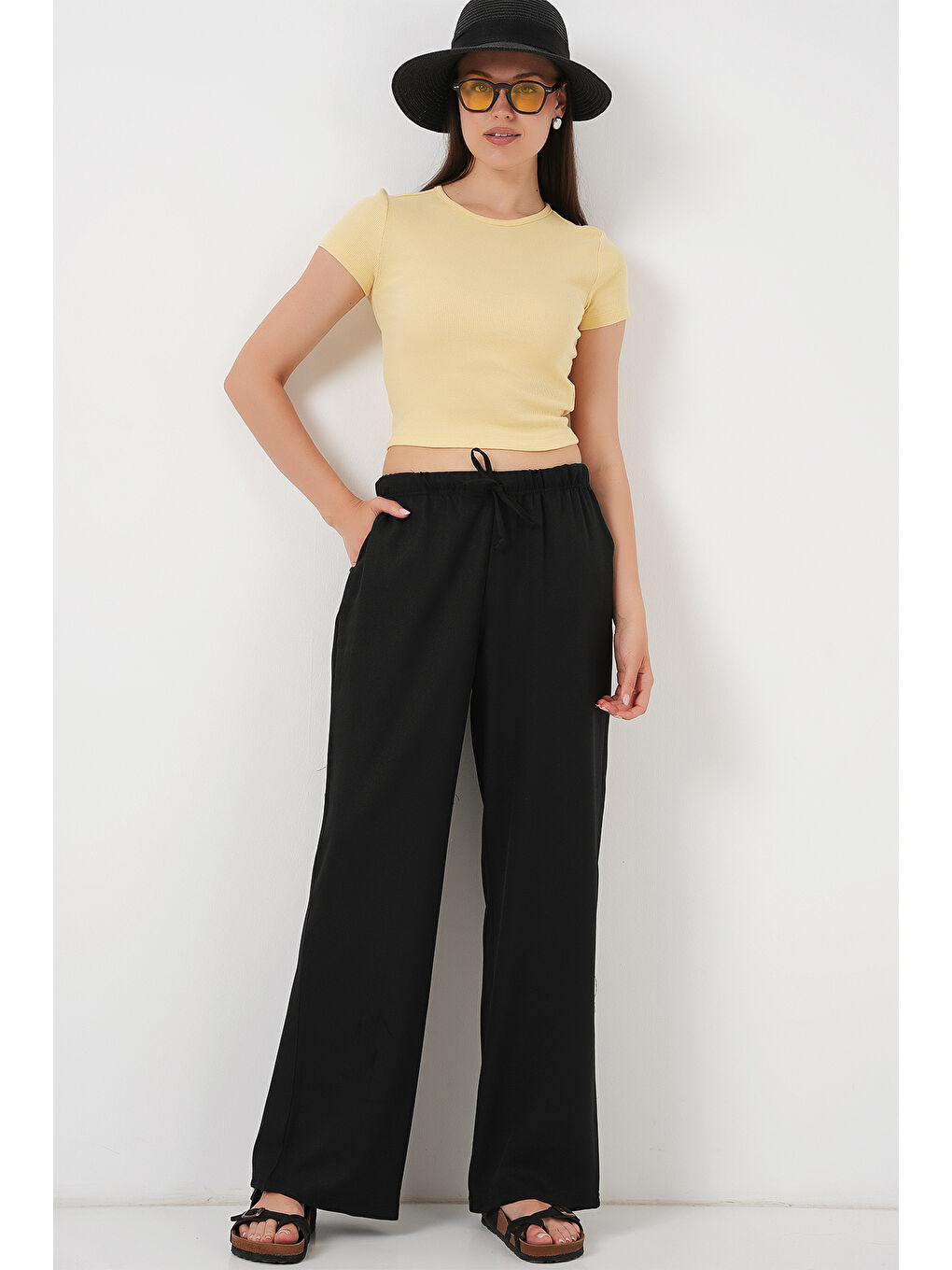 Kadın Geniş Paça Keten Pantolon 6735 - Siyah