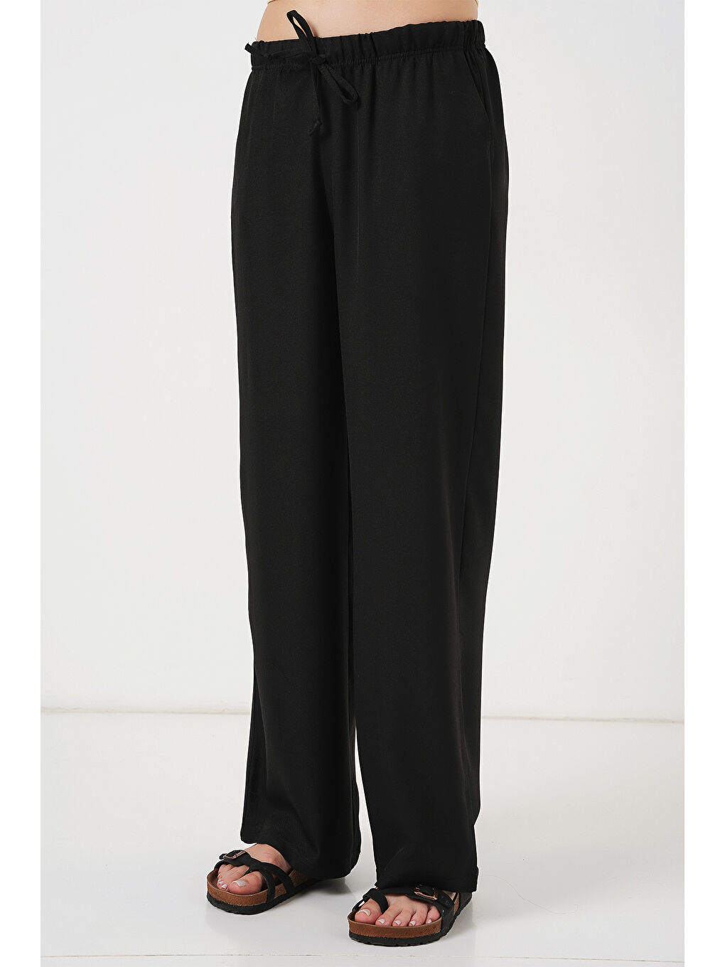 Kadın Geniş Paça Keten Pantolon 6735 - Siyah-1