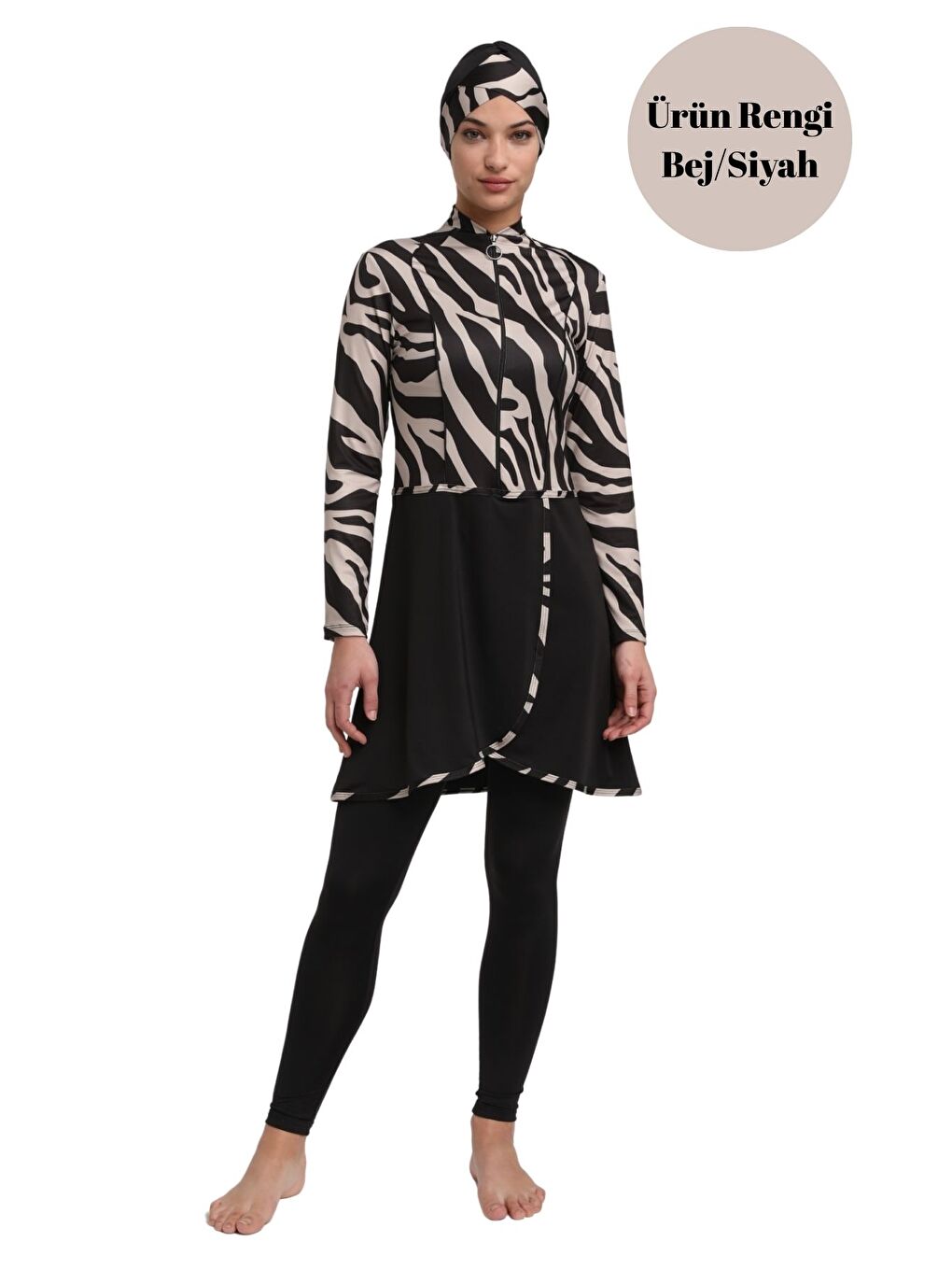 Siyah Zebra Desen Pareo Model Taytlı Kapalı Tesettür Mayo 335012-1