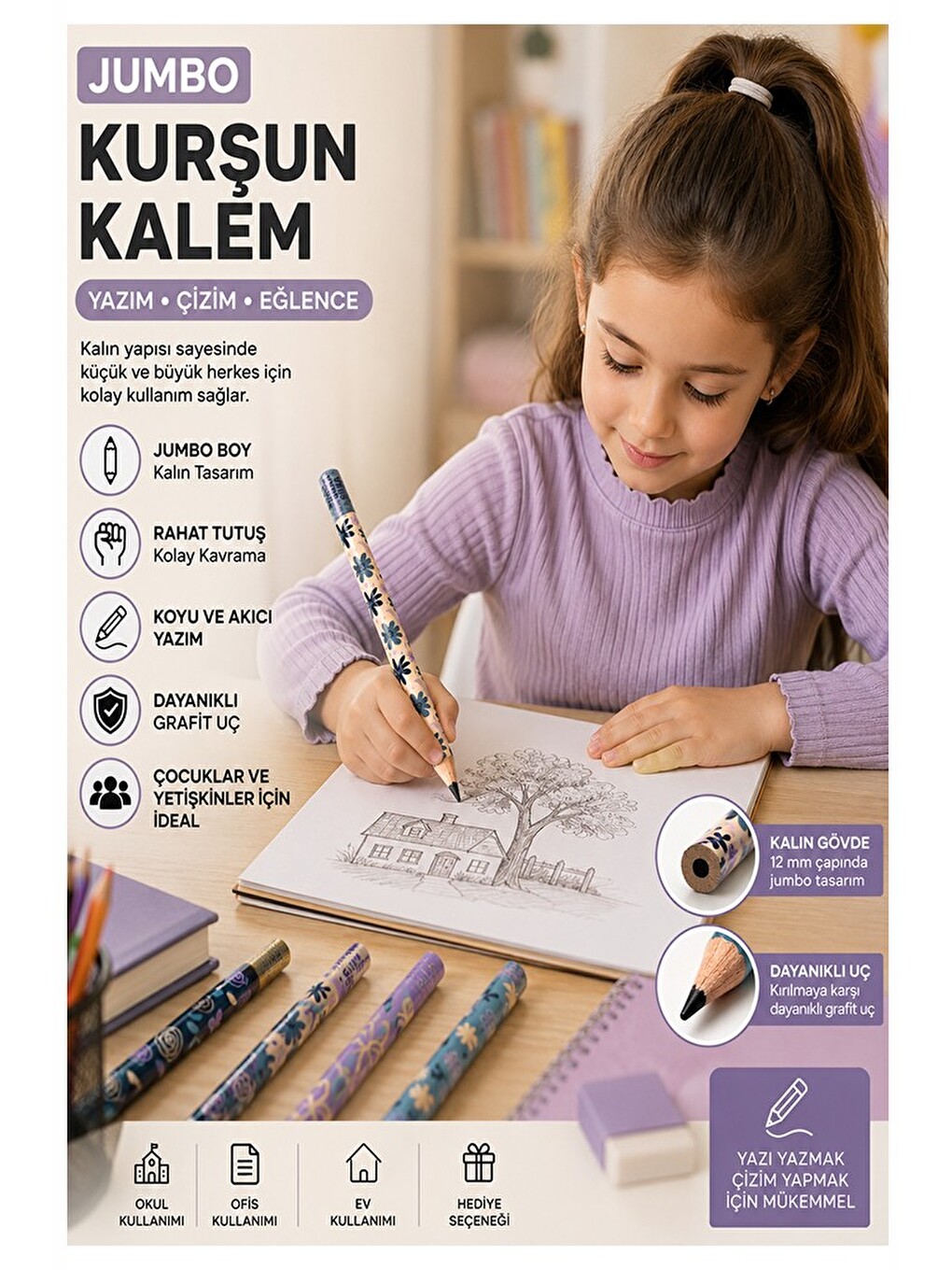 Jumbo Kurşun Kalem 4 Adet Silka 1523 Çiçekli Jumbo Kalın Kalem Hb Kolay Tutuş Dereceli Kalem Kurşun-2