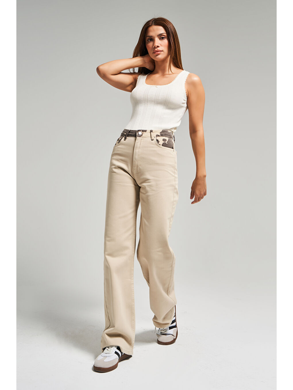 Kadın Bej Renk 6s5-57 Straight Fit Yüksek Bel İç Boy 80cm Leopar Desenli Denim Jean-4