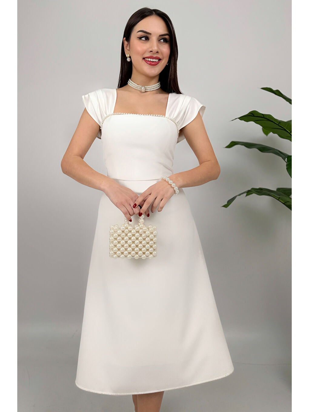 Kadın Beyaz İnci Detaylı Midi Davet Elbisesi-2