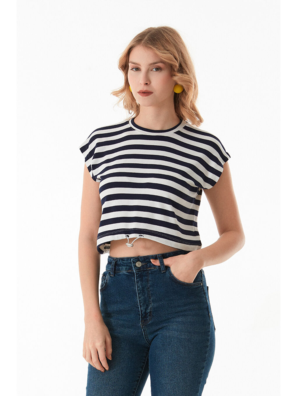 Lacivert Çizgili Stoperli Modal Kolsuz Tişört-2