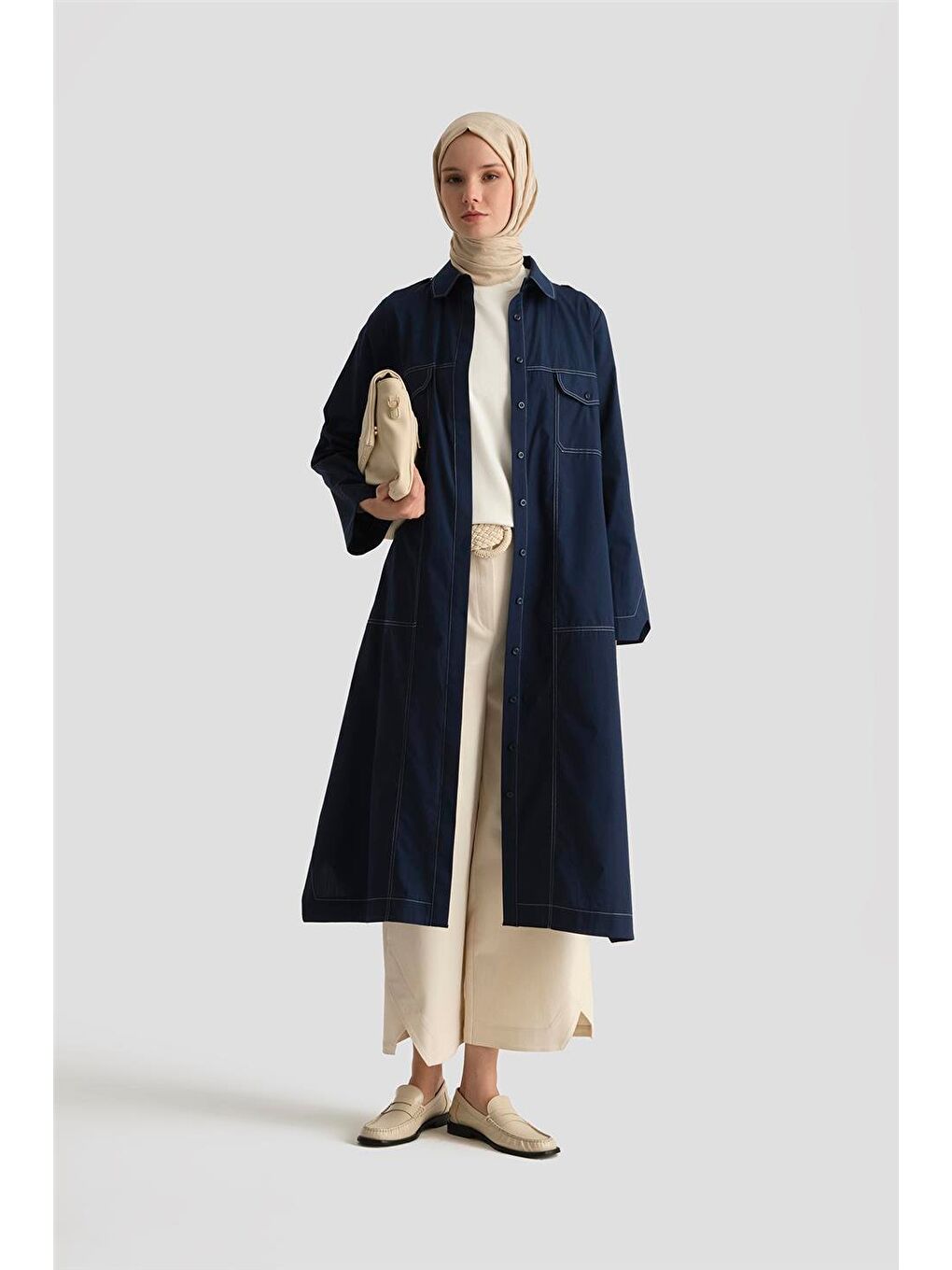 Kontrast Dikişli Pamuk Tunik Elbise 25Y4705 Lacivert-1