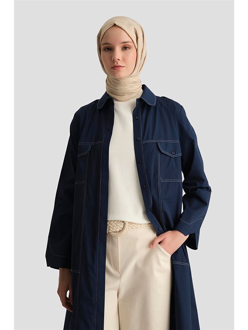 Kontrast Dikişli Pamuk Tunik Elbise 25Y4705 Lacivert-2