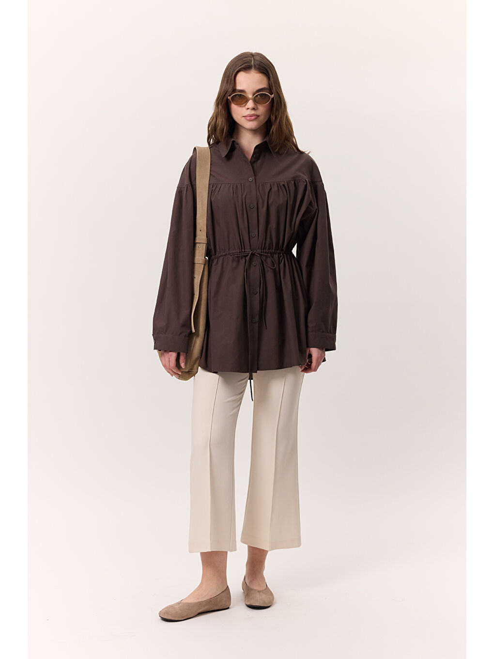 Büzgü Bağlama Detaylı Tunik Kahverengi