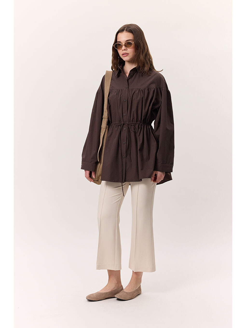 Büzgü Bağlama Detaylı Tunik Kahverengi-1