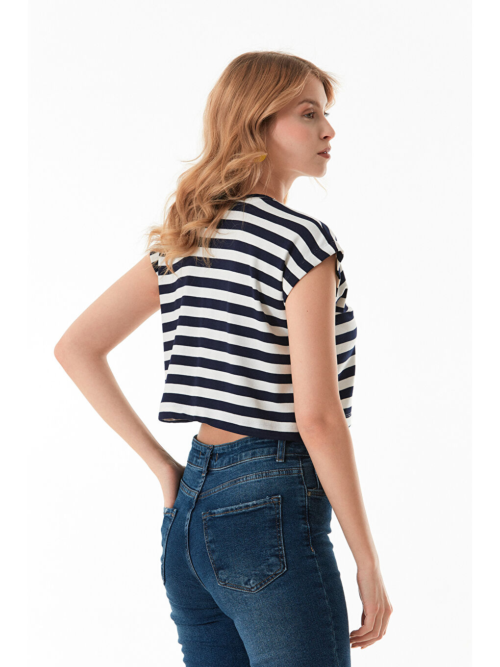 Lacivert Çizgili Stoperli Modal Kolsuz Tişört-3