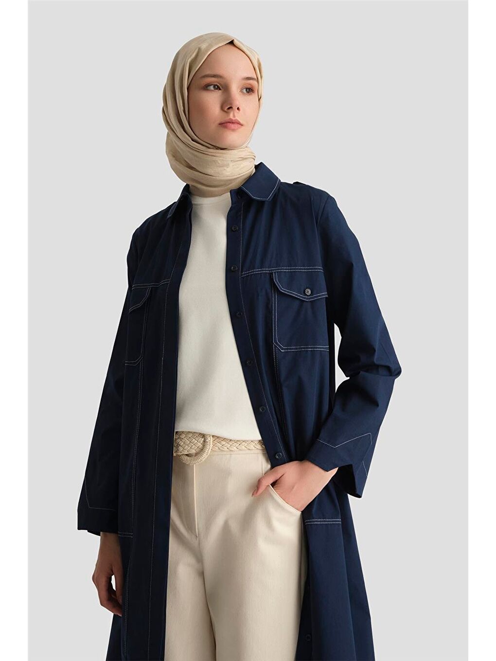 Kontrast Dikişli Pamuk Tunik Elbise 25Y4705 Lacivert-3