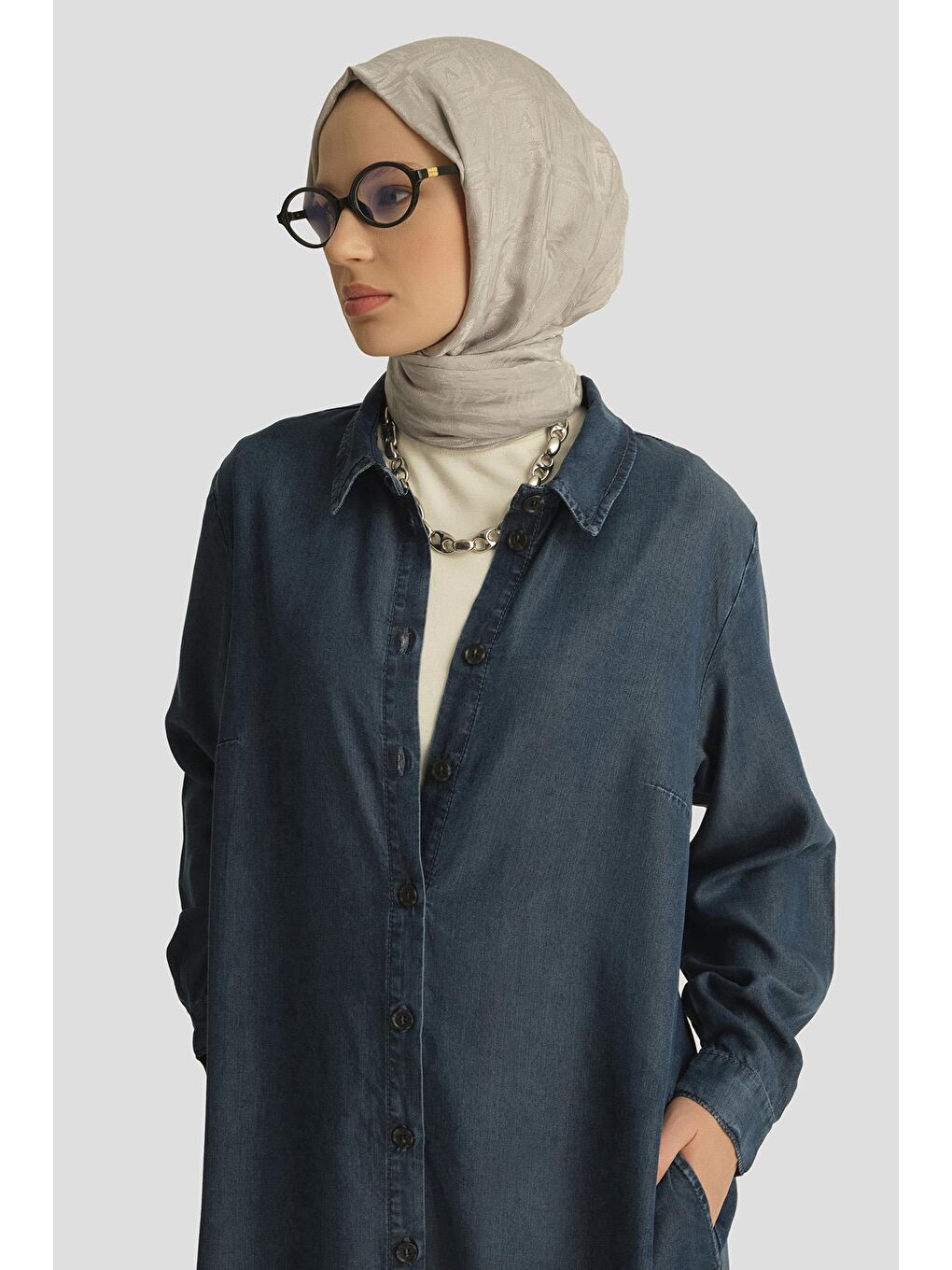 Lyocell Tunik Elbise 25Yd9143 Koyu Lacivert