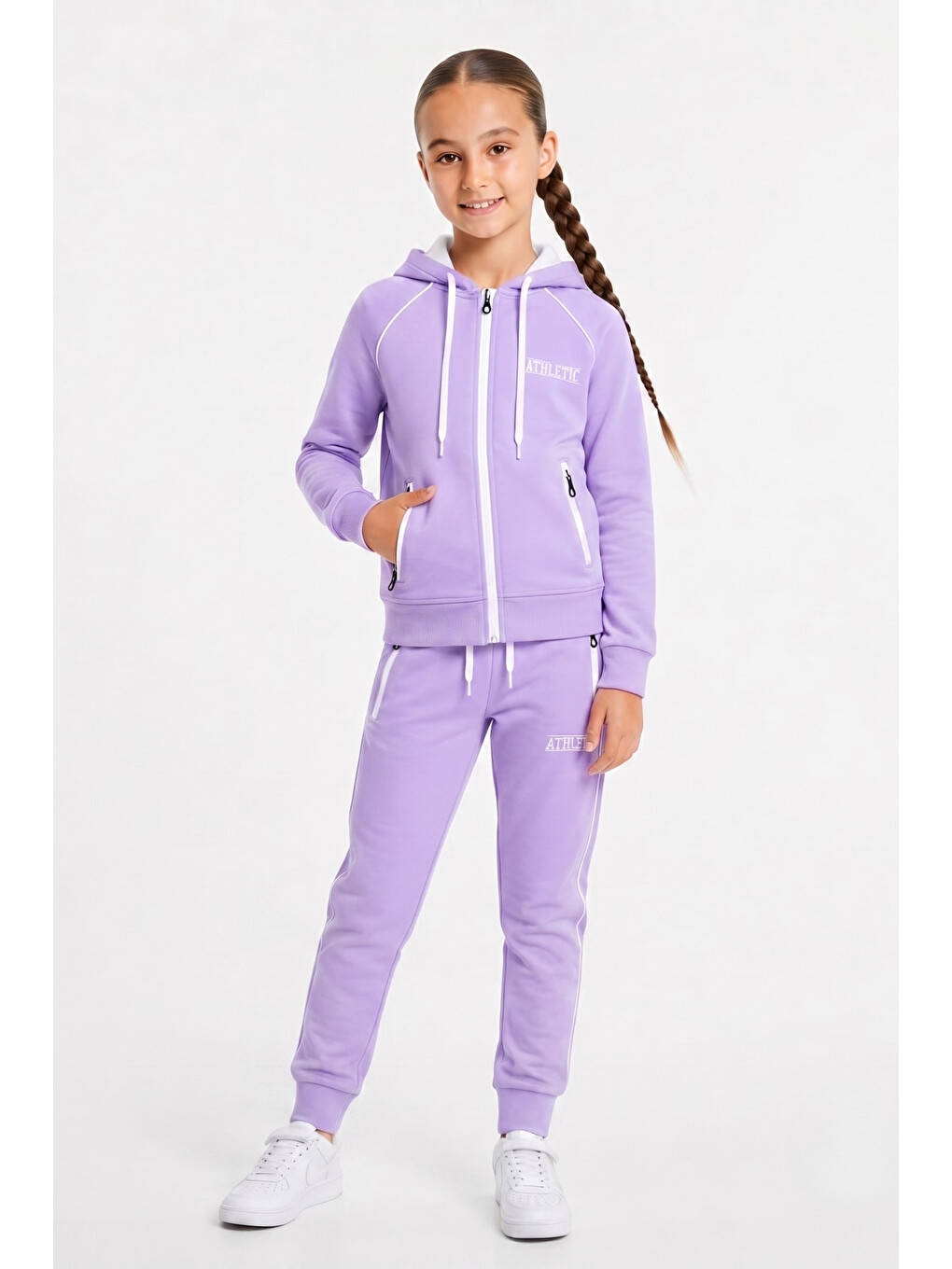 Lila Kız Çocuk Scuba Atheletic Reglan Kol Kapüşonlu Dalgıç Kumaş Eşofman Takımı Esf7027