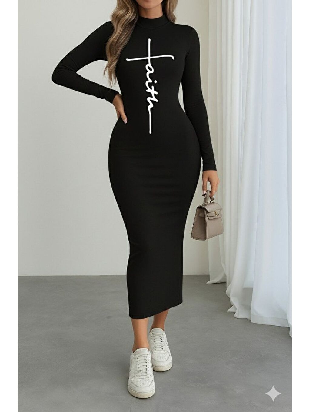 Siyah Kadın Uzun Kollu Boğazlı Baskı Detaylı Viskon Tam Boy Elbise