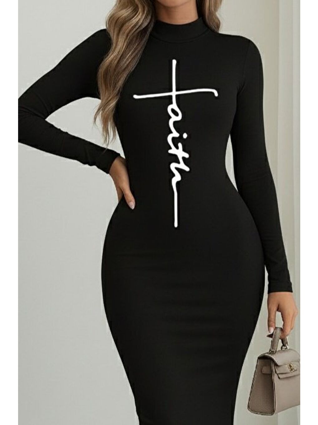 Siyah Kadın Uzun Kollu Boğazlı Baskı Detaylı Viskon Tam Boy Elbise-1