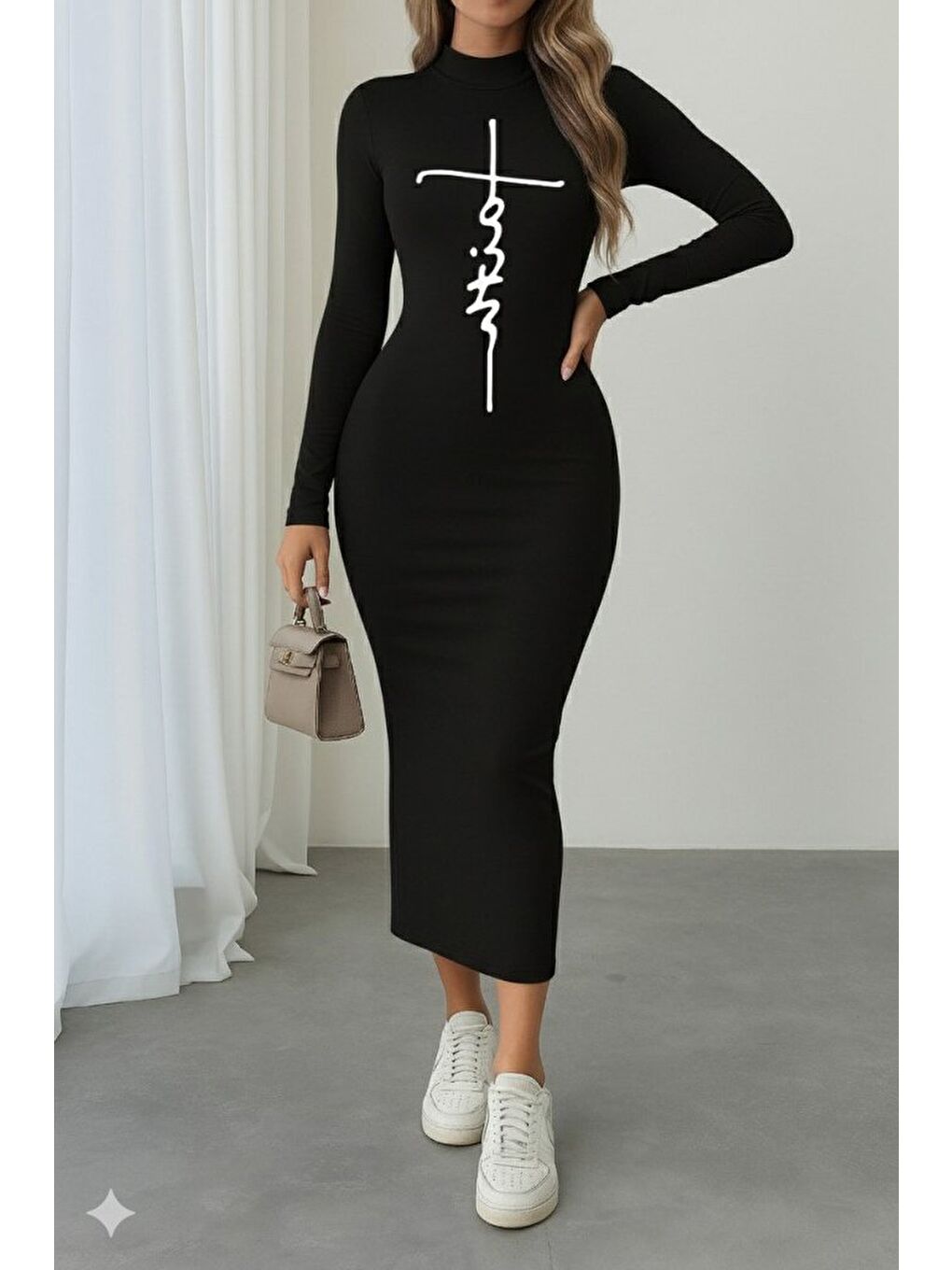 Siyah Kadın Uzun Kollu Boğazlı Baskı Detaylı Viskon Tam Boy Elbise-2