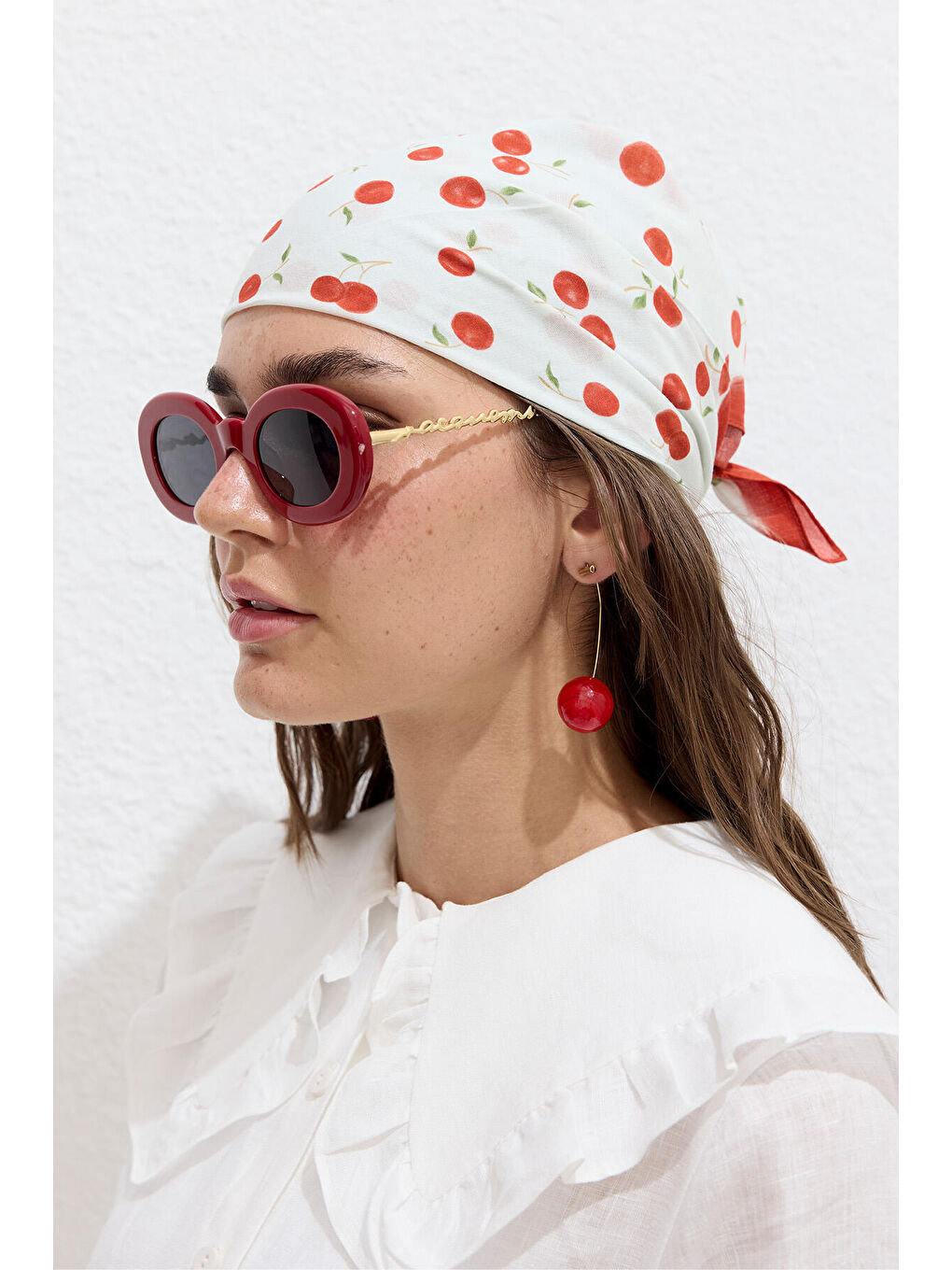 Kırmızı Desenli Pamuklu Fular Cherry-4