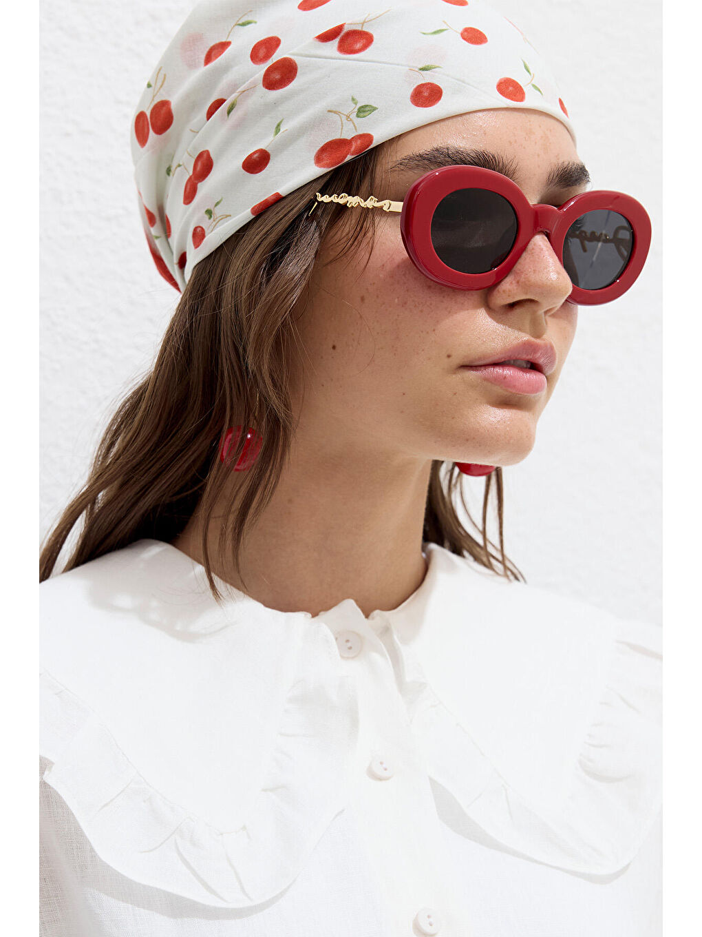 Kırmızı Desenli Pamuklu Fular Cherry-5