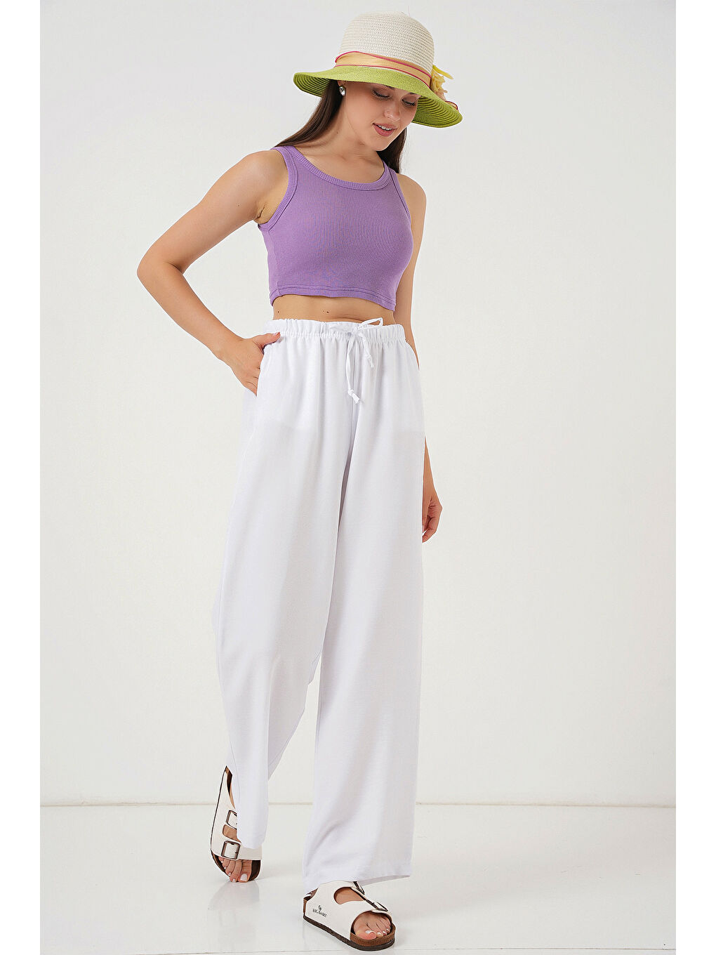 Kadın Geniş Paça Keten Pantolon 6735 - Beyaz