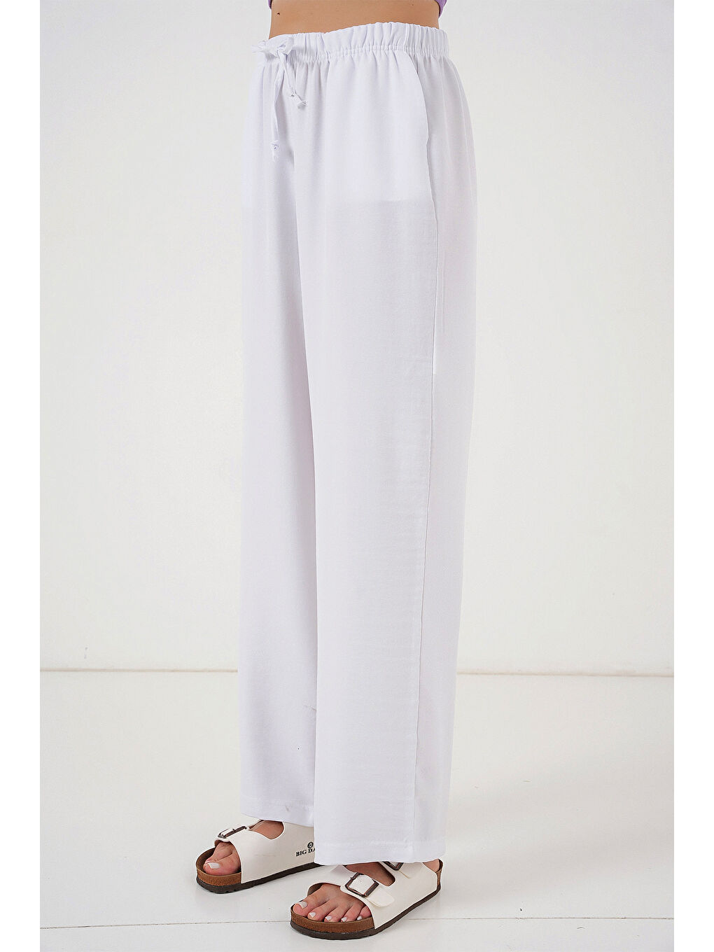 Kadın Geniş Paça Keten Pantolon 6735 - Beyaz-1