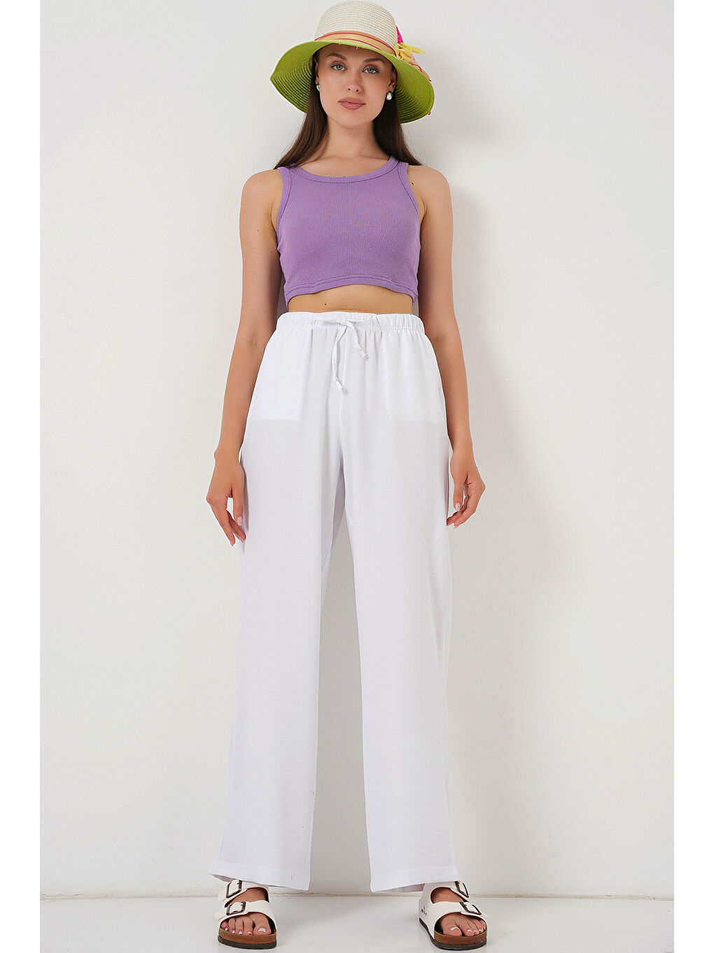 Kadın Geniş Paça Keten Pantolon 6735 - Beyaz-2