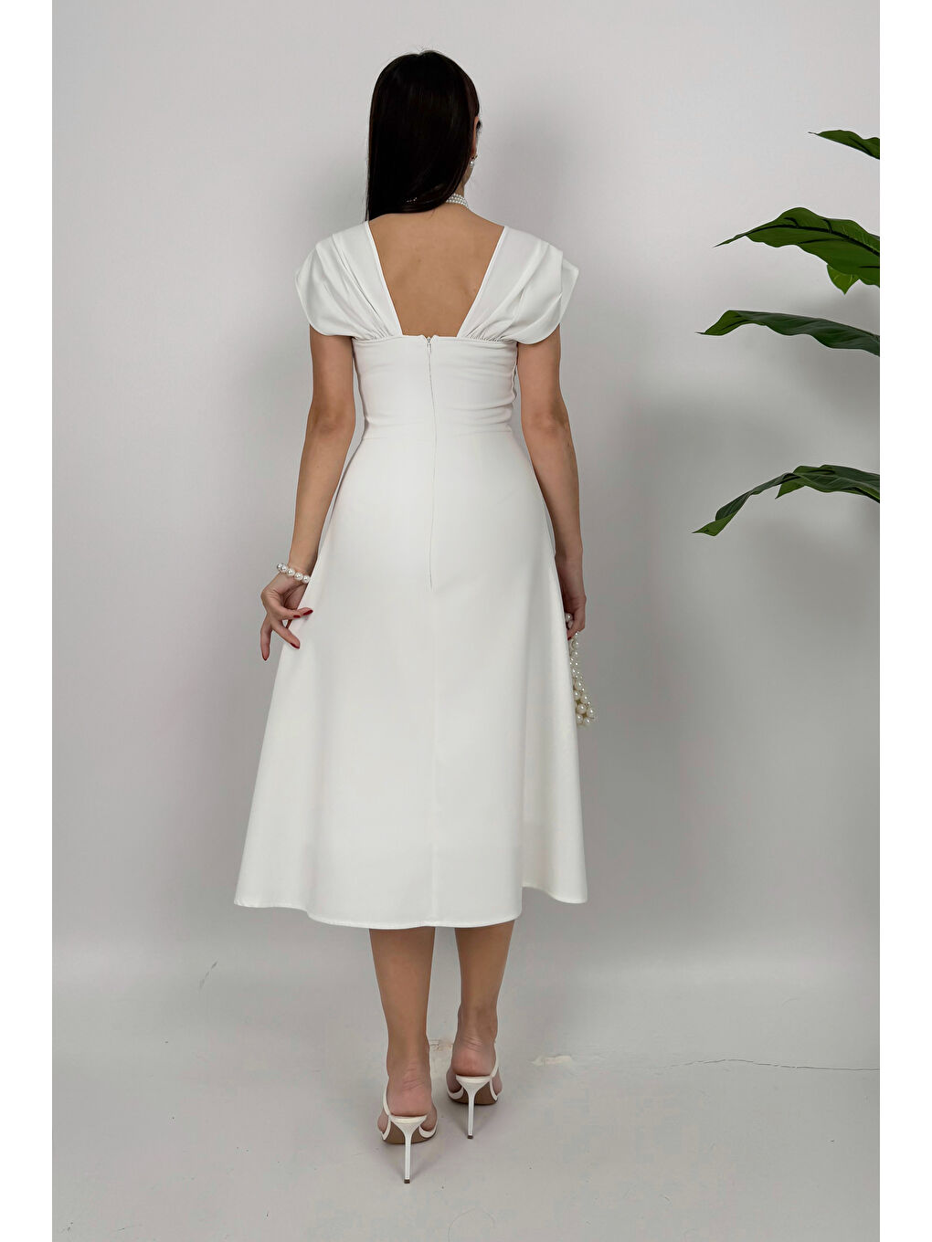 Kadın Beyaz İnci Detaylı Midi Davet Elbisesi-4